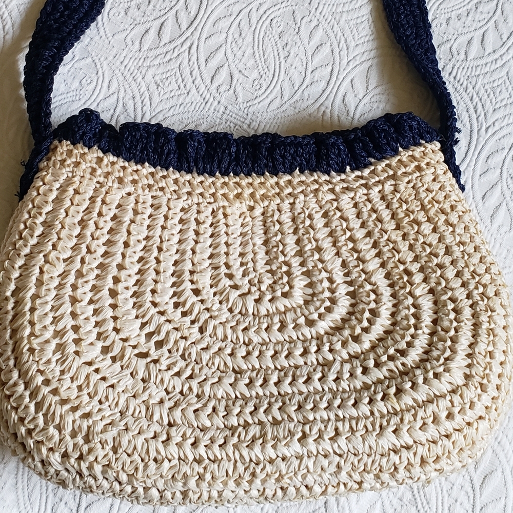 Vintage Magid Navy Blue And Off White Raffia Straw Shoulder Bag Purse